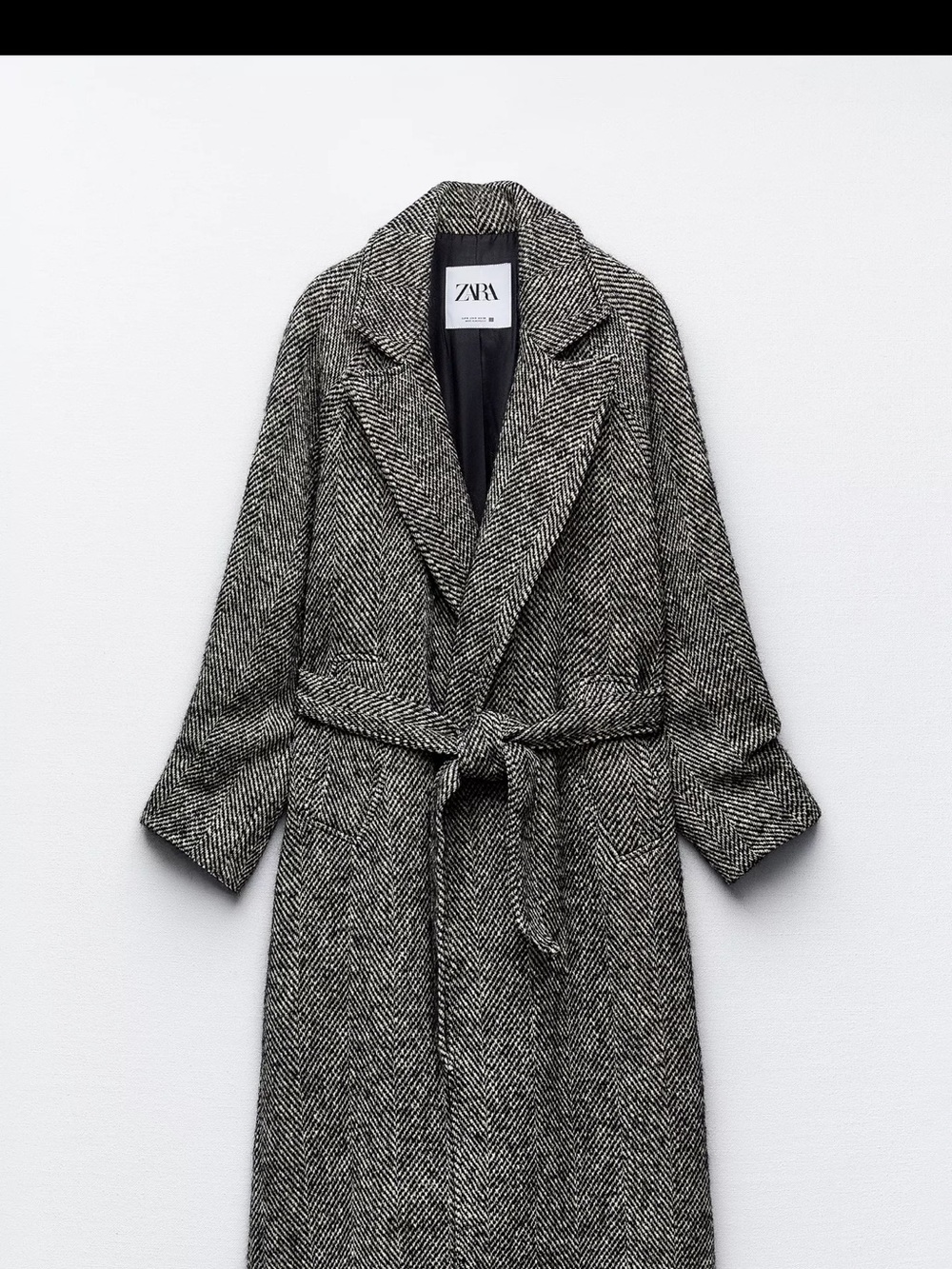 ZARA Black & White Herringbone Belted Trench Coat